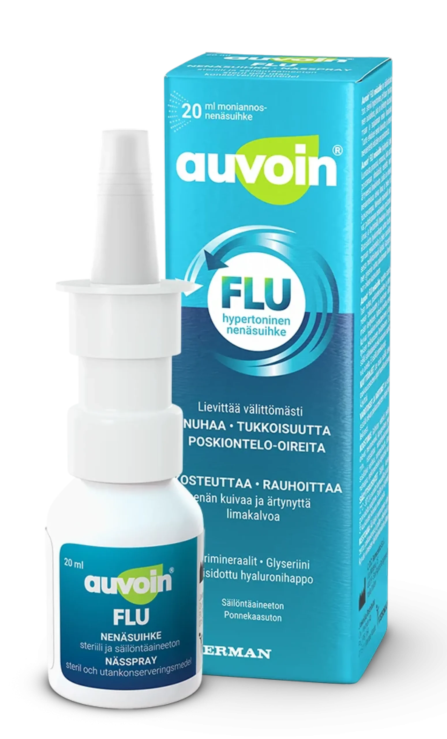 Auvoin FLU nenäsuihke 20 ml -Kaksivaikutteinen nenäsuihke tukkoiselle nenälle