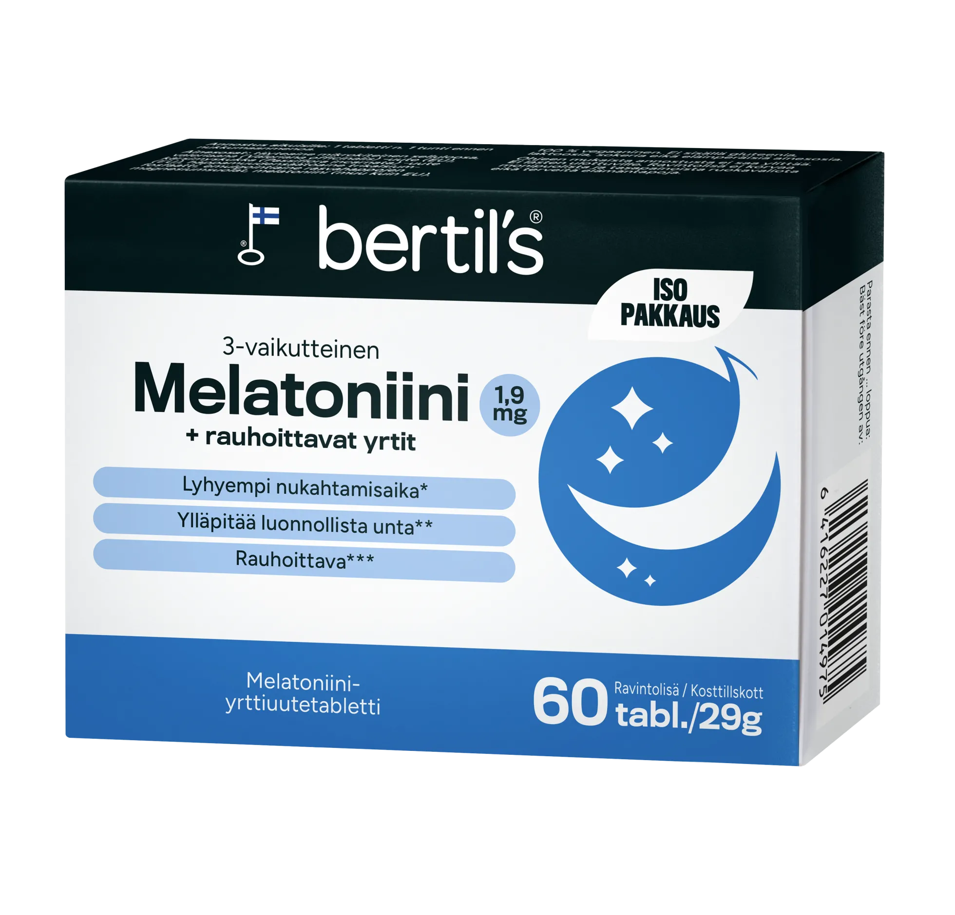 Bertil`s Melatoniini 1,9 mg + rauhoittavat yrtit 60 tabl.