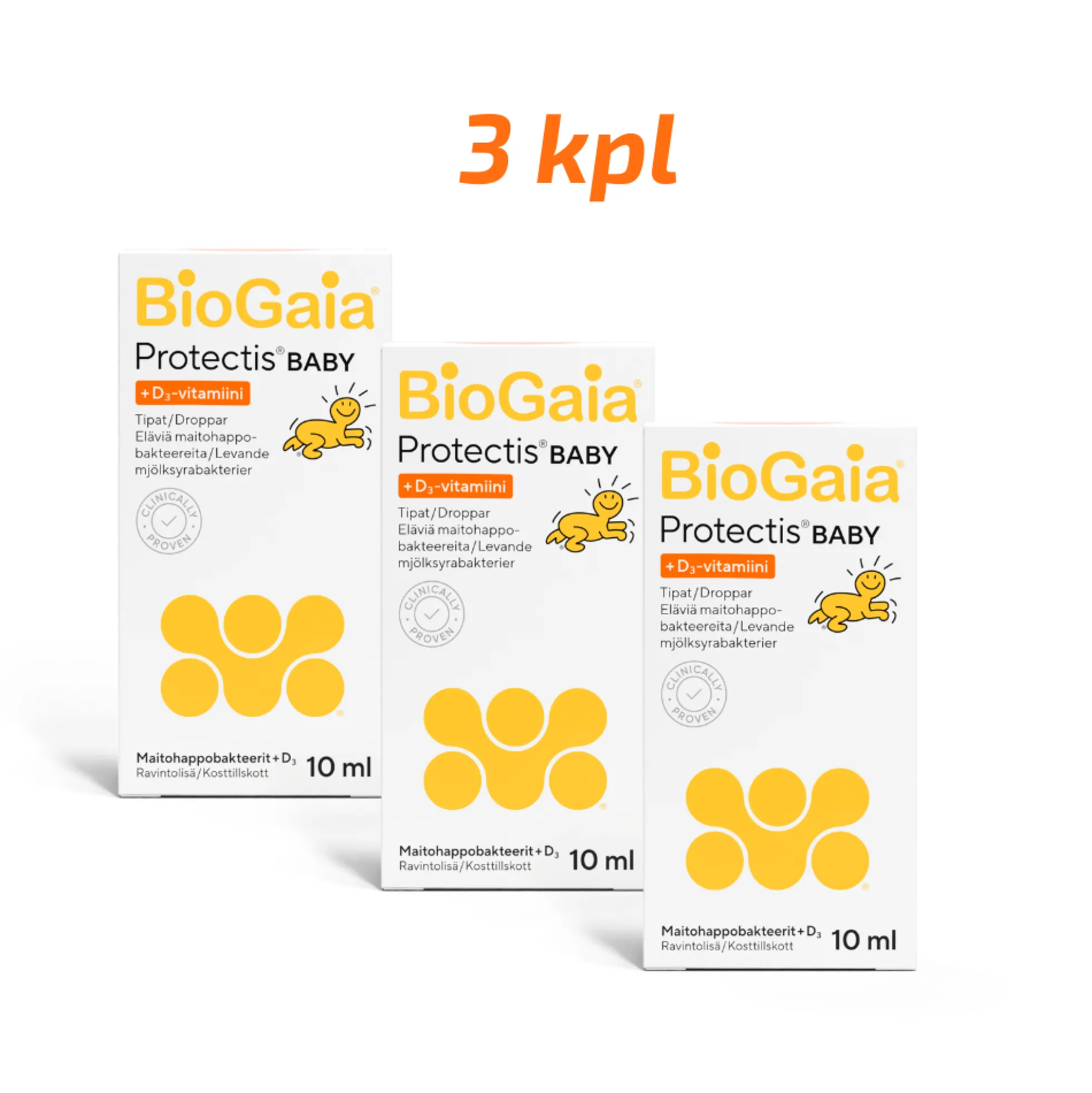 BioGaia Protectis BABY+D3 säästöpakkaus 3 x 10 ml maitohappobakteeri vauvalle