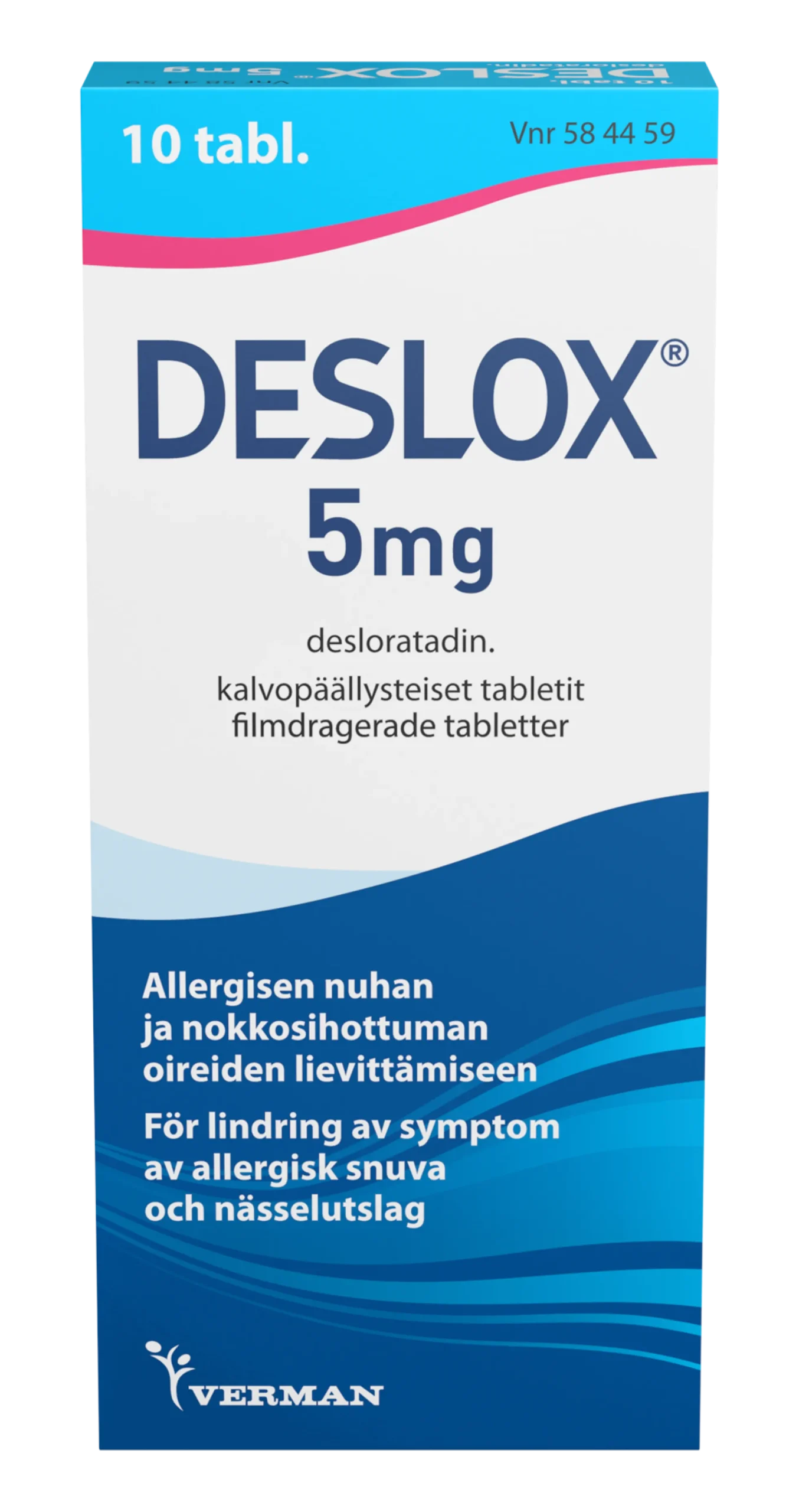 Deslox 5 mg allergialääke -Eri pakkauskokoja