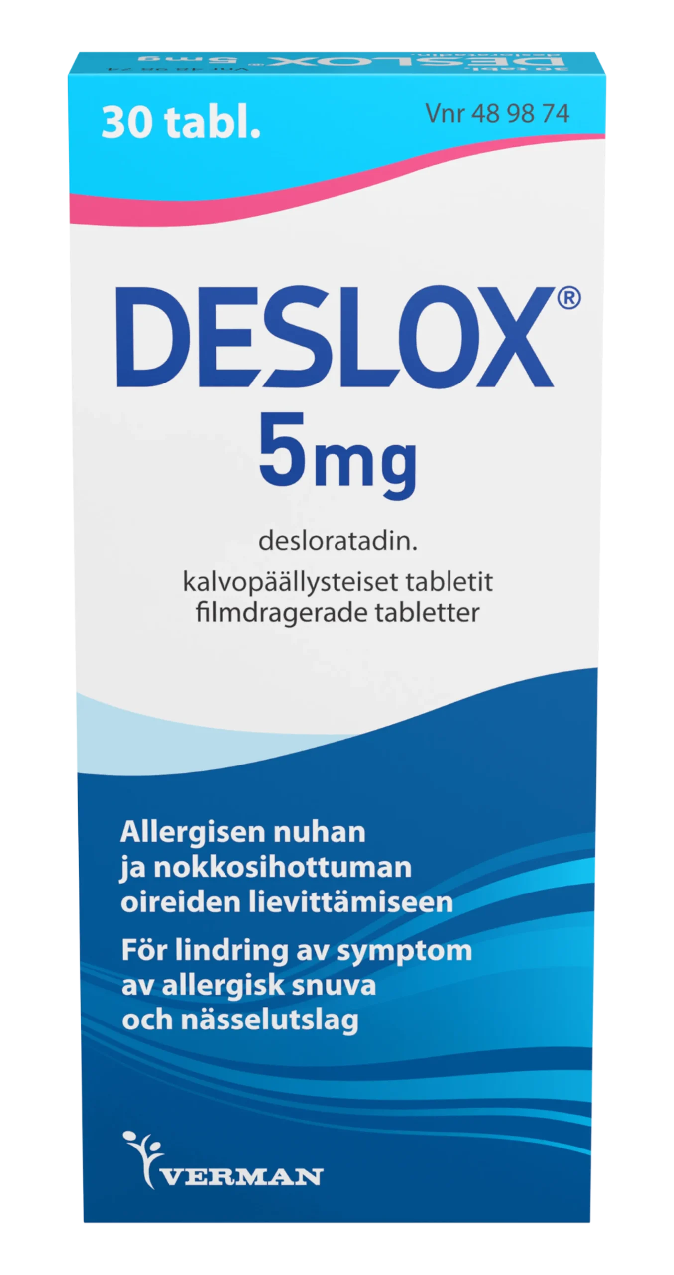 Deslox 5 mg allergialääke -Eri pakkauskokoja