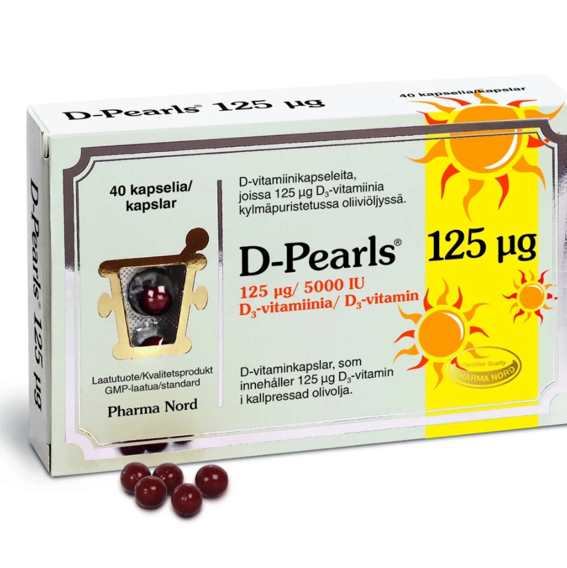 D-Pearls 125 mikrog -kapselit kylmäpuristetussa oliiviöljyssä