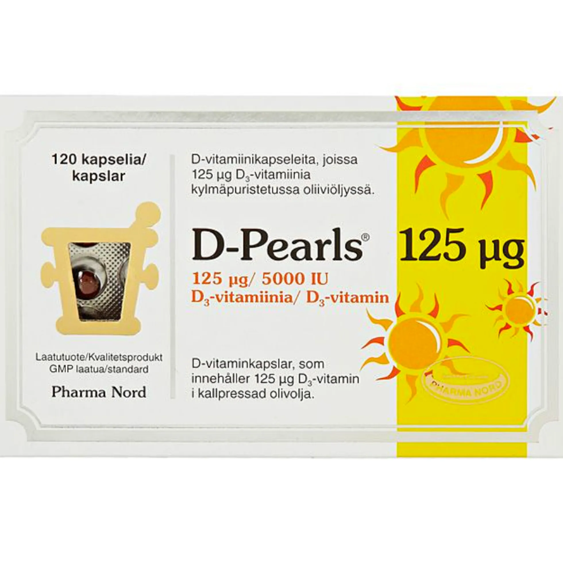 D-Pearls 125 mikrog -kapselit kylmäpuristetussa oliiviöljyssä