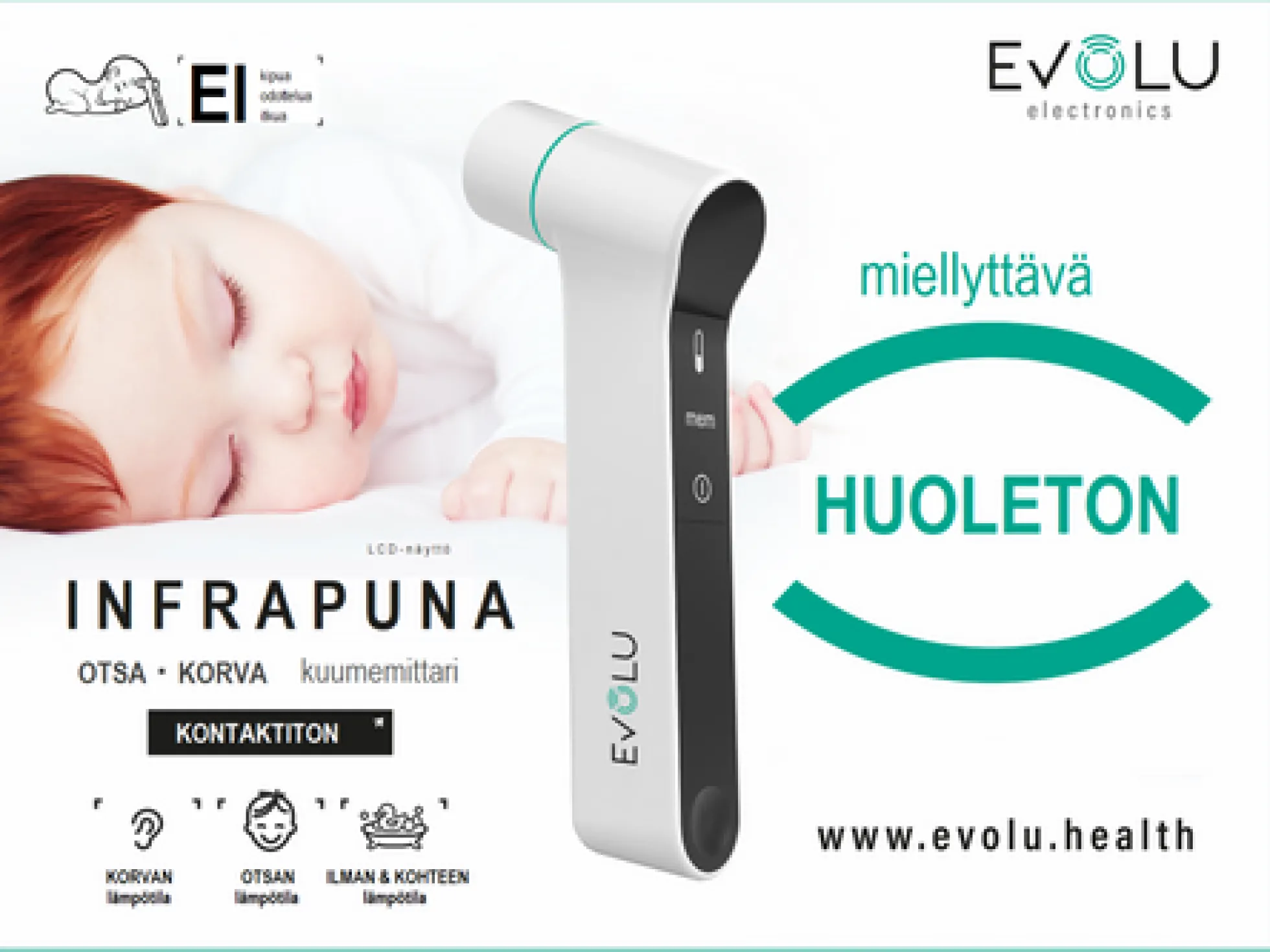 EVOLU non-contact infrapunakuumemittari korvan/otsan lämpötilan mittaamiseen