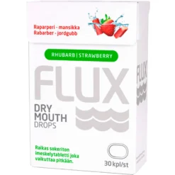 Flux Dry Drops Raparperi-mansikka -imeskelytabletti kuivan suun hoitoon
