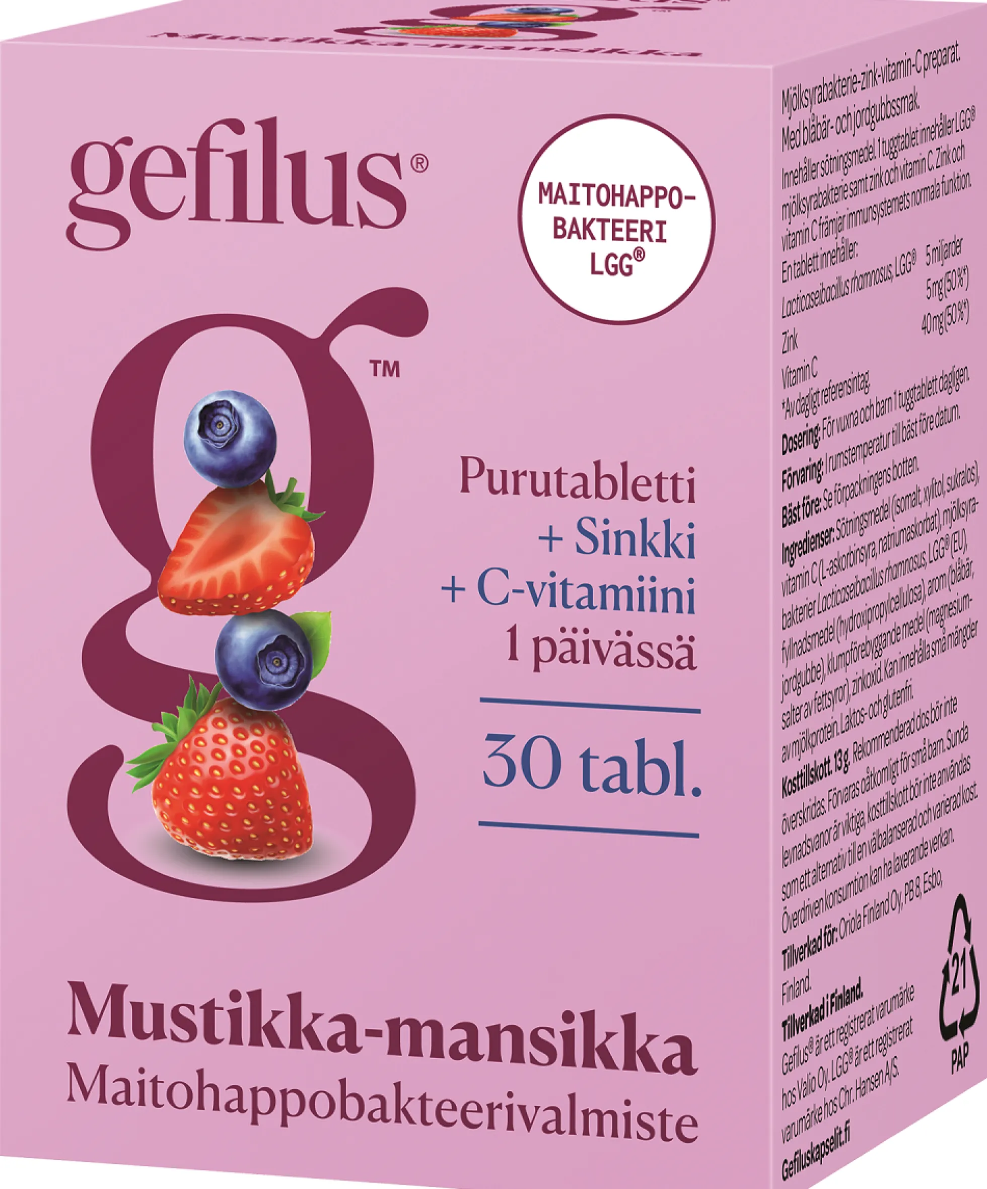 Gefilus C+Sinkki Mustikka-mansikka 30 purutablettia