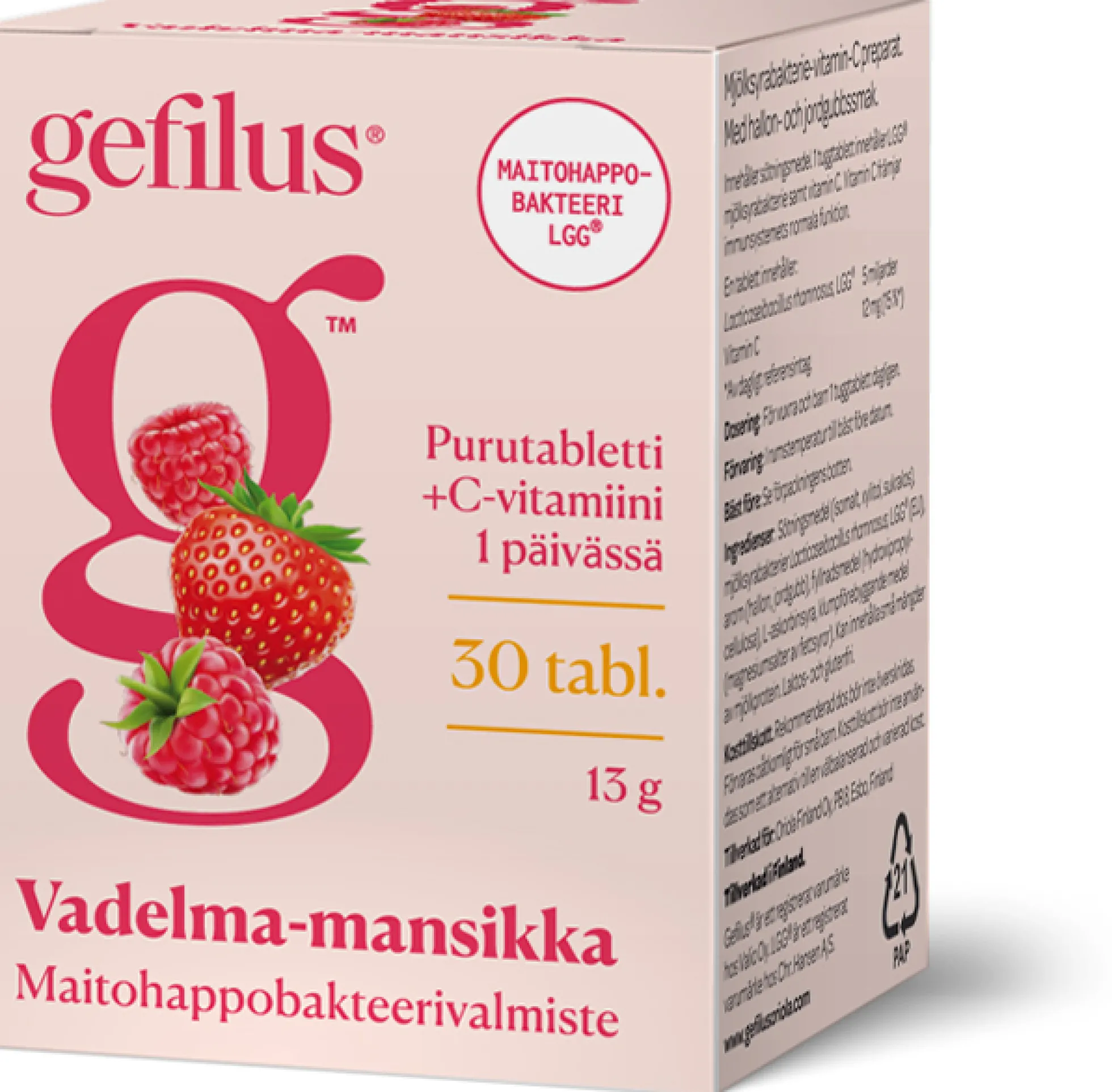 Gefilus vadelma-mansikka purutabletti eri kokoja