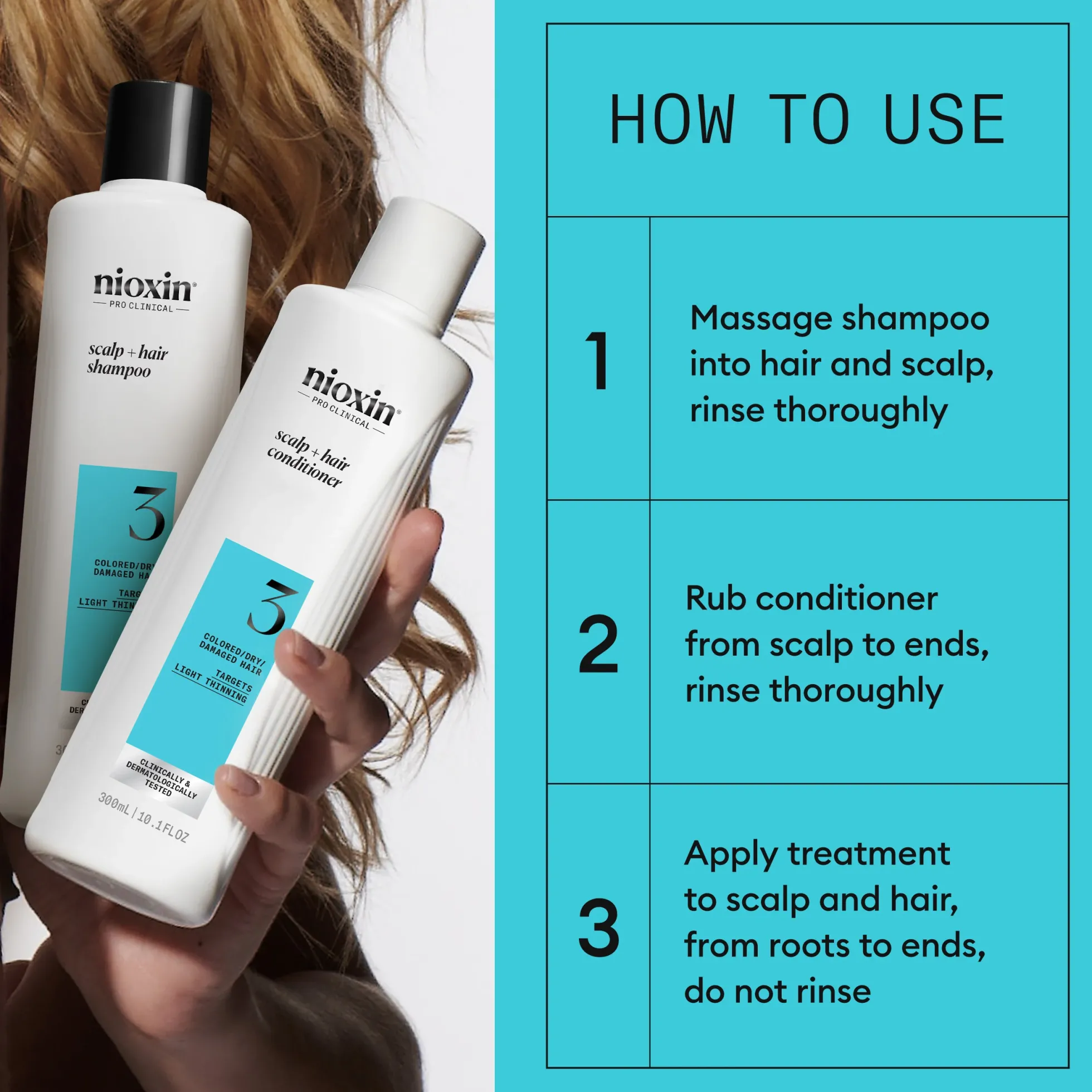 Nioxin System 3 Trial Kit for Colored Thinning Hair 300 ml + 300 ml + 100 ml - Ohentuneille, värjätyille hiuksille