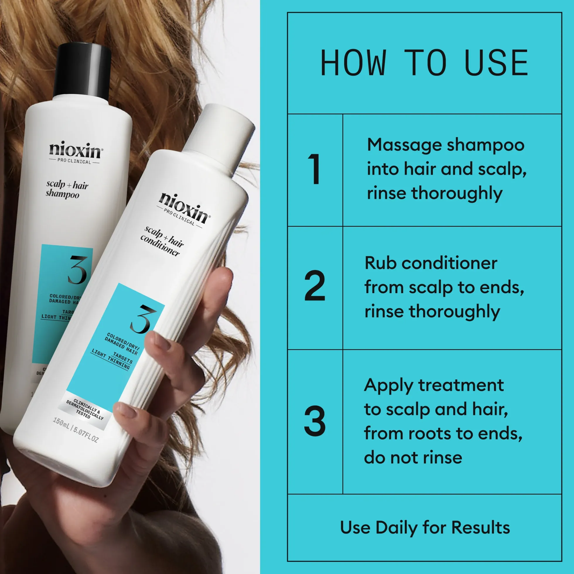 Nioxin System 3 Trial Kit for Colored Thinning Hair 150 ml + 150 ml + 50 ml - Ohentuneille, värjätyille hiuksille