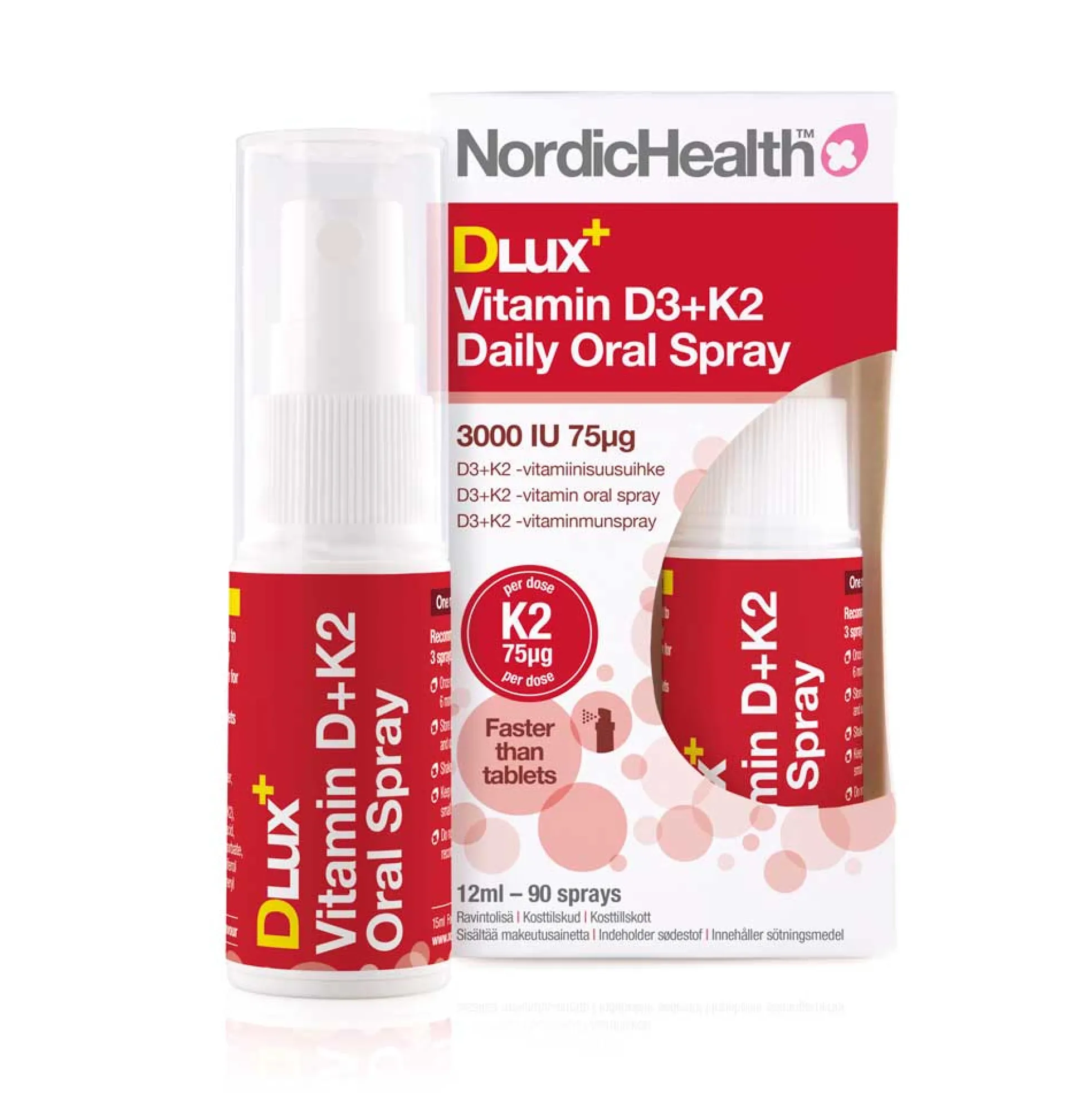 Nordic Health DLux D3+K2-suihke 75+75 mikrog 12 ml 90 suihketta