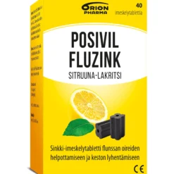 Posivil FluZink Sitruuna-lakritsi 40 tablettia -sinkkiasetaattia sisältävät imeskelytabletit