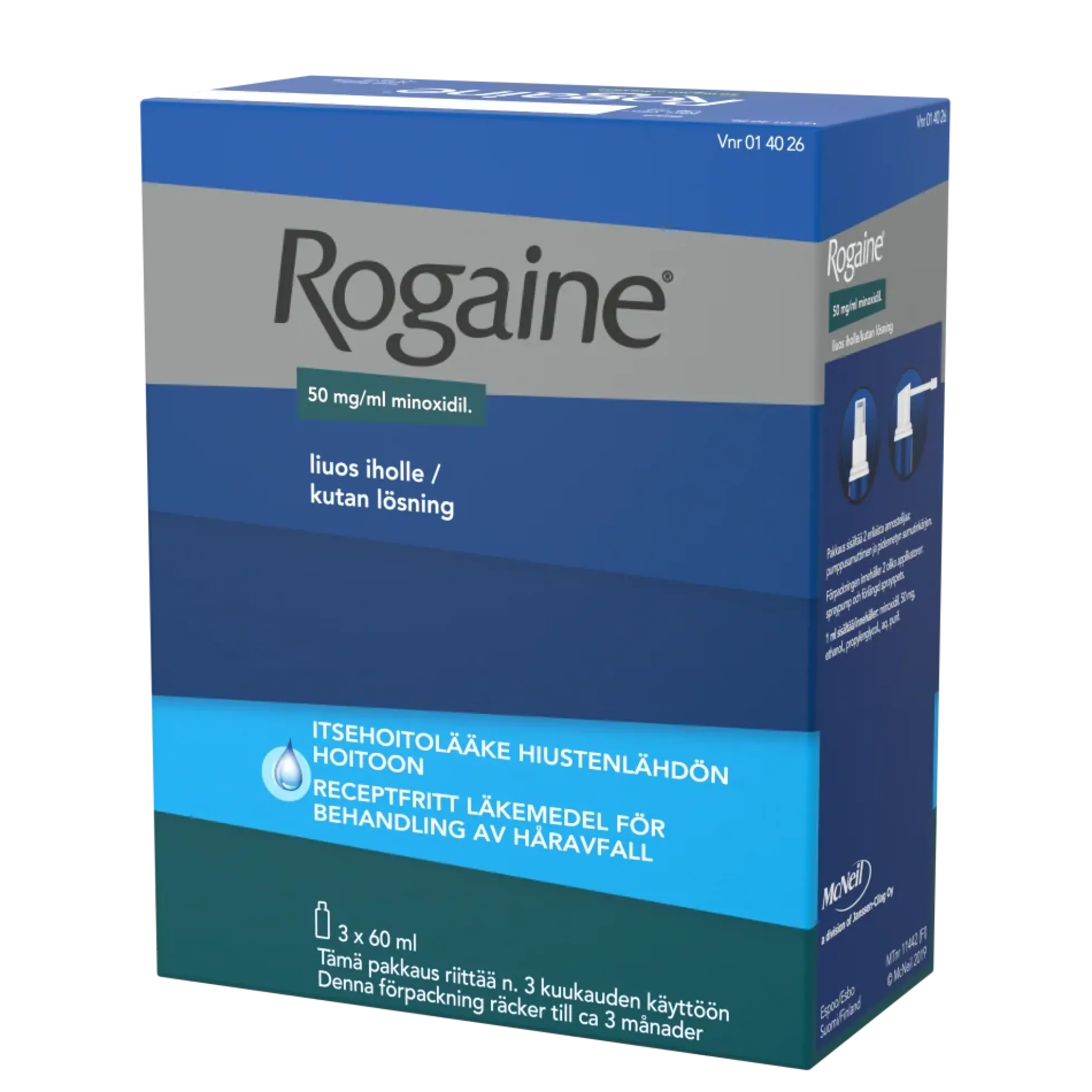 Rogaine 50 mg/ml lääke hiustenlähdön hoitoon - eri kokoja