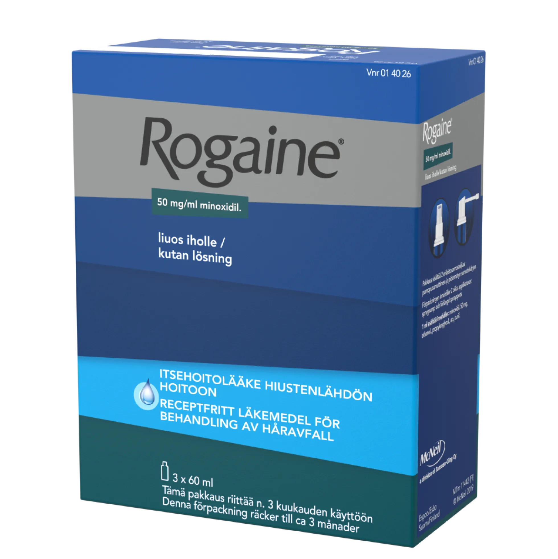 Rogaine 50 mg/ml lääke hiustenlähdön hoitoon - eri kokoja