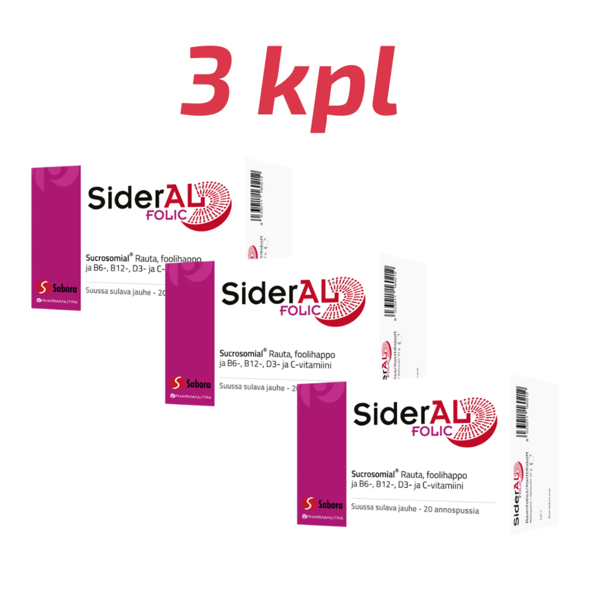 SiderAL Folic 30 mg säästöpakkaus 3 x 20 pss
